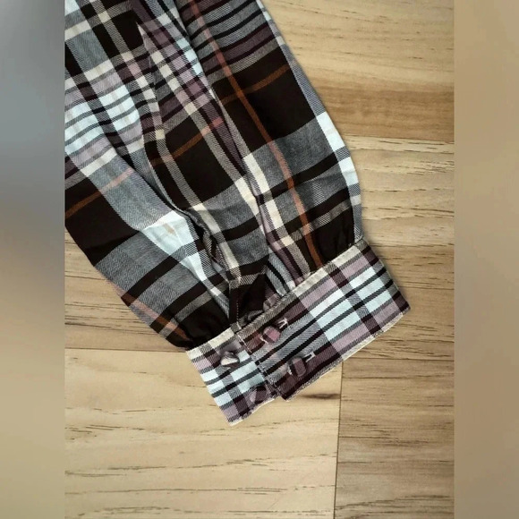Chicos Chico’s Ruffle Button Front Blouse Sz L Brown Plaid Preppy Academia - Picture 8 of 13